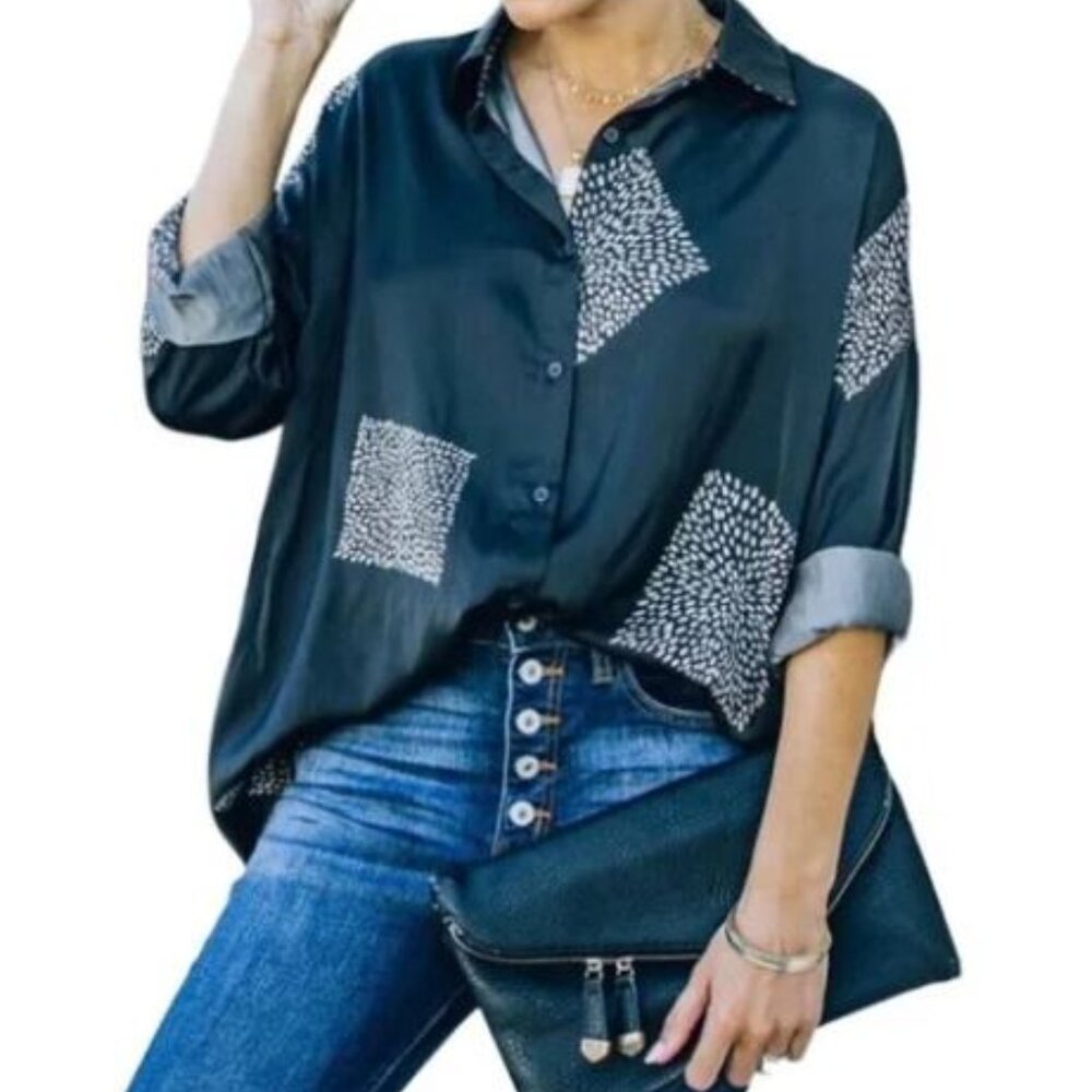 GRADE & GATHER Ellowyn Printed Satin Button Down Blouse Small NWT